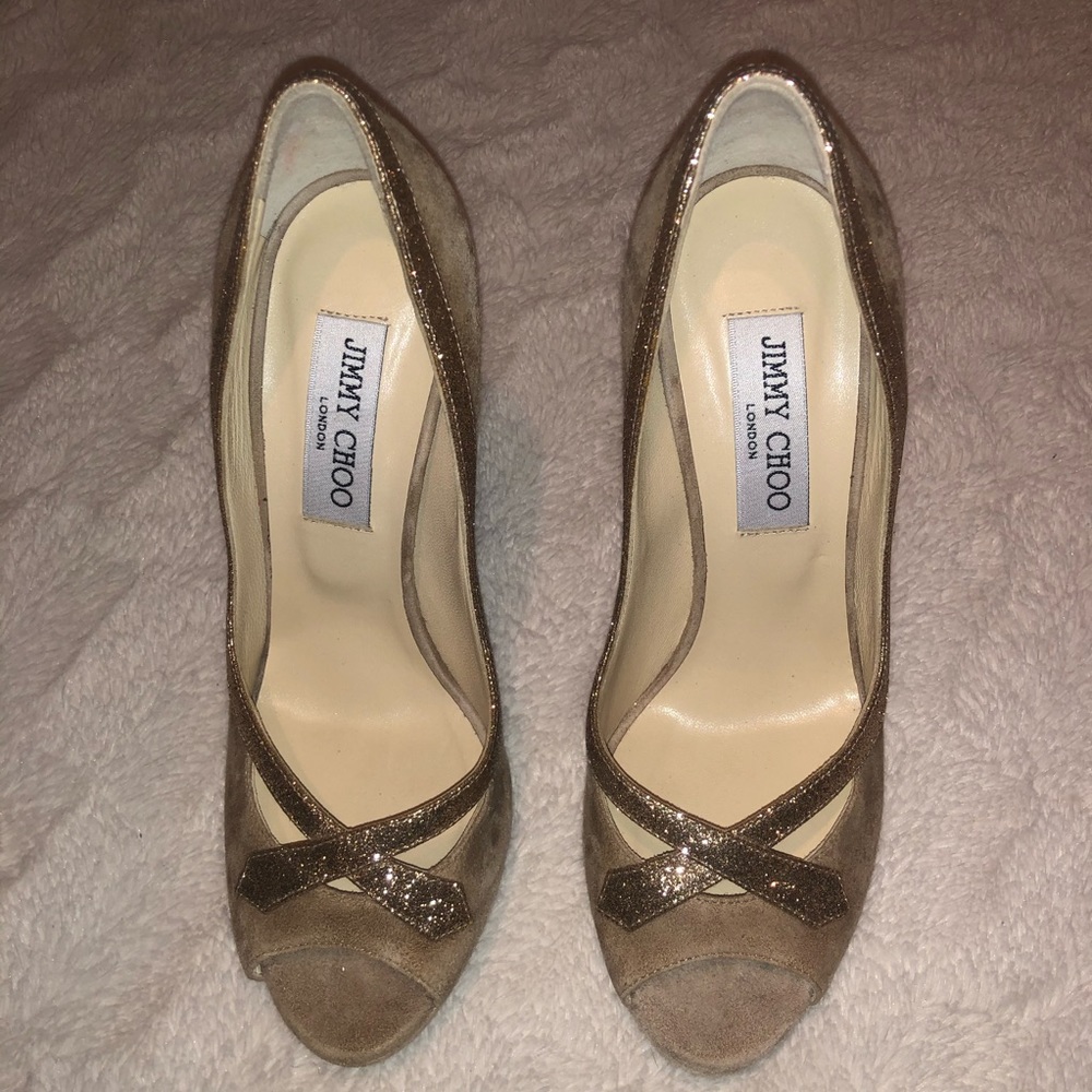 Jimmy choo tan and gold glitter peep toe pump